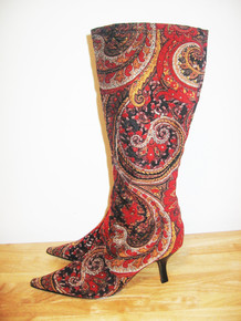 Vintage Diba Babs Velvet Red Multi-color Paisley Print Gold Shimmer Square Toe High Kitten Heel Side Zipper Calf Fashion Tapestry Boots 9