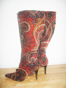 Vintage Bronx So Today Red Multi Velvet Burnout Multi-color Paisley Print Shimmery Fabric Square Toe High Stiletto Heel Zipper Boho Whimsical Tapestry Boots 8