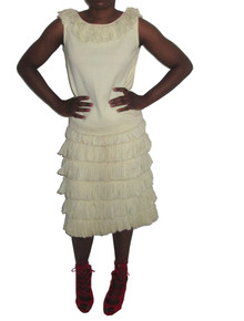 Vintage Cream Sleeveless Fringe Scoop Neck Top & Matching Fitted Fringe Skirt 