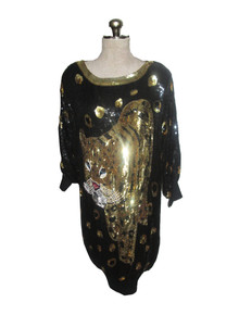 Vintage Black Gold Sequins Multicolor Beads Embellished Big Leopard Design Dolman Sleeve Slouchy Multifunctional Slouchy Tunic Short Dress