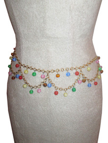 Vintage Multicolor Candy Balls Beaded Gold Chain Stranded Belt 