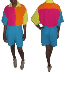 Vintage Multicolor Colorblock Cotton Gauze Romper Jumpsuit 