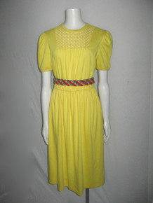 Vintage Yellow Woven Cut-Out Caged Detail Elbow Puff Sleeve Below Knee Knit Dress