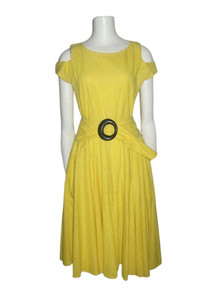 Vintage M. M. II Yellow Scoop Neck Cut Out Cold Shoulder Pockets Flared Cotton Dress w/ Matching Sash Belt & Big Black Contrast Buckle