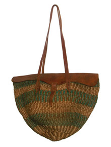 Vintage Hippie Boho Woven Straw Multicolor Tote Handbag w/ Double Leather Straps & Flap Closure