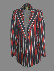 Vintage White Red Denim Blue Vertical Stripe Long Sleeve Double Breast Fitted Tuxedo Blazer Jacket