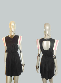 POYZA Black Pink Cream Colorblock Overlay Sleeve Cutout Back Short Mini Dress w/ Belt