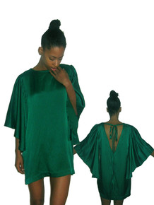 POYZA Green Hammered Silk Cut Out Tie Neck Angel Sleeve Short Mini Dress