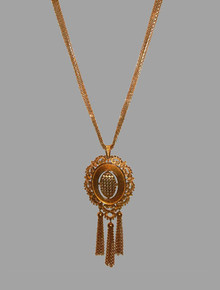 Vintage Monet Goldtone Large Pendant Engraved Beaded Strands Fringe Chain Necklace