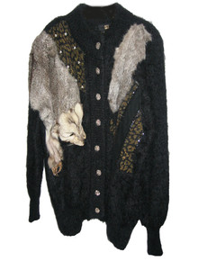 Vintage Fully Fashion Black Metallic Animal Print Beads Sequins Embroidery Coyote Embellished Buttoned Sweater Cardigan