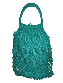 Vintage Green Leaf Crochet Macrame Lined Nylon String Tote Handbag 