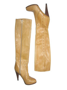 Vintage Roaime Biege Diamond Engraved Eyelet Zippered Below Knee High Boho Leather Boots