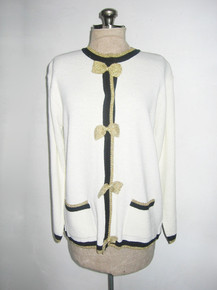 Vintage Cervelle White Black Metallic Gold Lurex Bows Buttoned Sweater Knit Striped Cardigan Jacket w/ Pockets