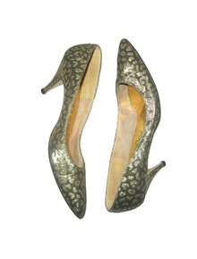 Vintage Sugar Metallic Gold Animal Print Brocade High Heel Pump Shoes 