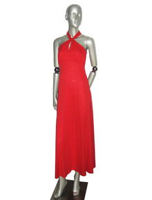 Vintage Red Hot Knotted Halter Top Long Disco Grecian Goddess Dress