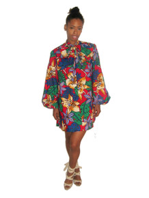POYZA Multicolor Floral Leaf Tropical Print Stand Up Ascot Tie Neck Long Poet Sleeves Short A-Line Tent Dress 
