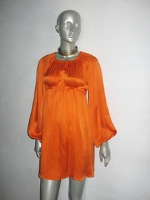 POYZA Orange Hammered Silk Long Puff Poet Sleeve Short Mini Smock Dress 
