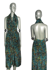 Vintage Green Multicolor Printed Plunging V-Neck Halter Gathered Adjustable Waist Tie Wrap Dress 