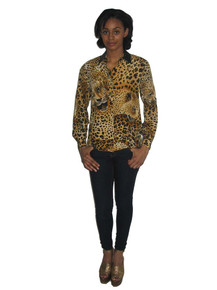 Vintage Leopard Cheetah Animal Print Leather Trim Buttoned Blouse 