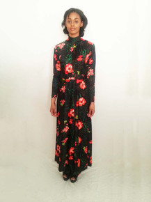 Vintage Black Multicolor Floral Leaf Print Shirred Neckline Long A-Line Flared Dress w/ Matching Belt 
