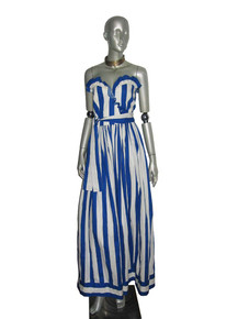 Vintage Albert Capraro Blue White Stripe Ruffled Strapless Long Dress w/ Belt 