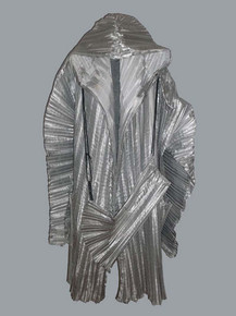 Vintage Rare Metallic Silver Origami Avant Garde Pleated Asymetrical Sculptural Multifunctional Jacket Coat Cover-Up Dress w/ Drawstring Bag