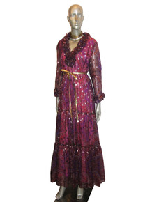 Vintage Designer Romantica By Victor Costa Multicolor Metallic Gold Polka Dot Paisley Floral Print  Sheer Ruffle Long Dress