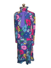 Vintage Marion Maged Multicolor Floral Print Ruffle Ascot Tie Neck Drop Waist Silk Dress