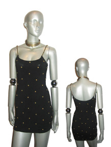 Vintage Black Gold Studs Chain Strap Short Mini Bodycon Knit Dress 