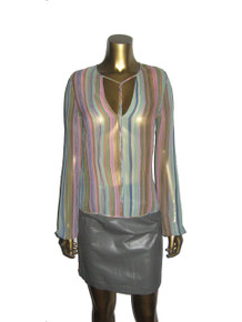 Vintage Multicolor Vertical Stripe Plunging Tie Neck Long Sleeve See Thru Sheer Lightweight Caftan Silk Blouse