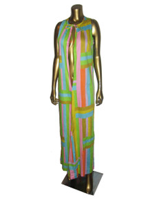 Vintage Vibrant Multicolor Striped Sleeveless Tie Neck Deep V Long Boho Caftan Dress 