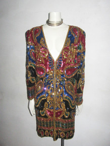 Vintage Multicolor Heavily Embellished Beads Sequins Paisley Long Slouchy Glam Trophy Jacket Dress