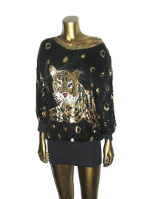 Vintage Black Gold Silver Sequins Multicolor Beads Embellished Big Tiger Design Glam Dolman Sleeve Multifunctional Slouchy Tunic Blouse Micro Mini Short Dress 