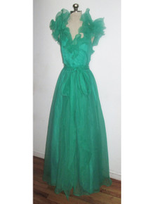 Vintage Bonwit Teller Green Chiffon Organza Formal Gown Long Dress w/ Long Sash Belt