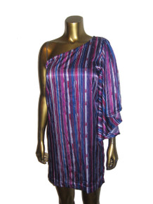 POYZA One Of A Kind Multicolor Striped Asymmetrical One Shoulder Flutter Angel Sleeve Short Mini Dress 