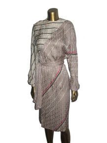 Vintage Francesca Of Damon For Starington Multicolor Striped Printed Color Block Dolman Sleeve Silk Dress w/ Sash Belt 