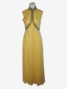 Vintage Yellow Sleeveless Rhinestone Beads Metallic Trim Embellished Hostess Wide Leg Palazzo Mod Jumpsuit Dress Gown
