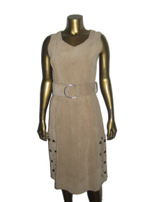 Vintage Beige Sleeveless Scoop Neck Eyelet Cut-out Detail Button Slit Big Silver O-Ring Belt Below Knee Mod Suede Dress