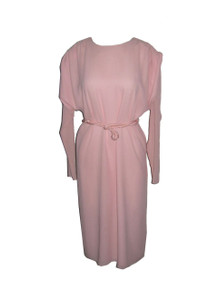 Vintage Designer Pierre Cardin Light Pink Avant Garde Pleated Shoulder Dolman Sleeve Disco Dress w/ Decorative Rope Belt