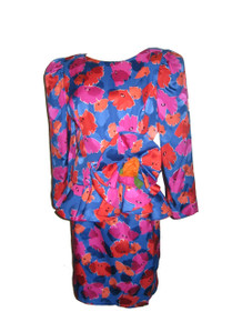 Vintage Raul Blanco 2pc Vibrant Multicolor Floral Print Avant Garde Silk Jacket Top Skirt Set 