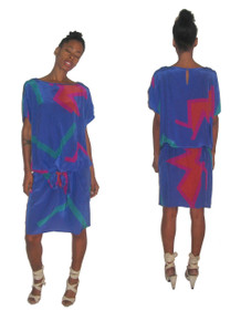 Vintage Designer Flora Kung Advance Blue Multi-Color Abstract Print Cut Out Shoulder Drop Waist Silk Dress