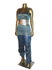Vintage Norma Walters Rayon Linen Metallic Silver Lame Lurex Sleeveless Tunic Shirred Side Panel Lined Disco Pants 