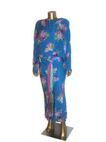 Vintage NWT Norma Walters 3PC Multicolor Floral Print Silk  Dolman Top Bias Cut Long Skirt  w/ Fringe Sash Belt 