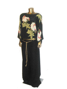 Vintage Norma Walters 70's Black Multi-Color Floral Leaf Print Silk Kimono Sleeve Blouson Tunic Blouse