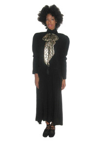 Vintage Norma Walters Black Metallic Plaid Lame Detachable Tassel Fringe Bow Tie Pleated Long Dress