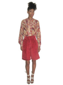 Vintage Cedars Leather Suede Red Orange Pleated High Waist Cuffed Wide Leg Above Knee Shorts Gaucho Pants w/ Pocket