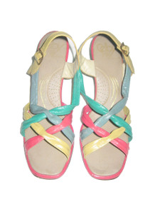 Vintage Selby Multicolor Color Block Braided Crossover  Chunky Heel Buckled Mod Sandals Shoes 