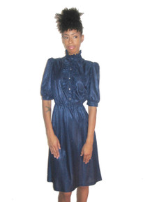 Vintage Shiny Blue Vertical Stripe Ruffle Detail Puff Sleeve Knee Length Secretary Disco Dress 