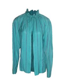 Vintage Harden Multi-Color Vertical Stripe Ruffle Tie Neck Long Sleeve Silk Disco Cover-Up Shirt Blouse Top 