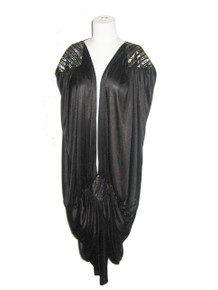 Vintage Black Metallic Gold Silver Lurex Striped Avant Garde Plunging V-Neck Shirred Draped Flapper Gatsby Slouchy Dress